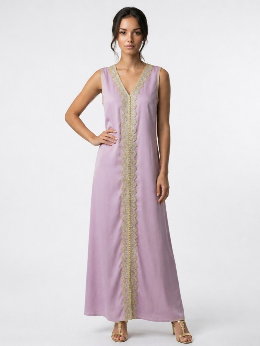 Toleen Sleeveless Satin Kaftan Evening Dress in Lilac Size M